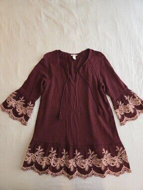 Forever 21 Burgundy Boho Tunic Dress Blush Pink Lace Trim Bell Sleeve EB5
